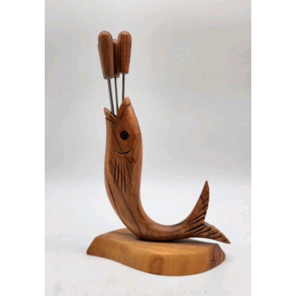 Vtg Mid Century Modern Italian Olive Wood 4 Cocktail Picks + Fish Holder Stand